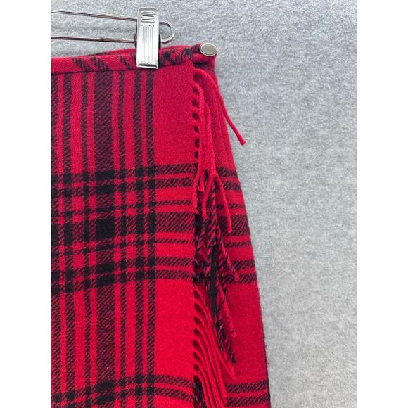 VTG Eddie Bauer Women's sz 8 Wool Blend Red & Black Plaid Midi Skirt 90s Fringe - Picture 3 of 10